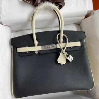 Hermes HSS Birkin 30 Bicolor Bag in Craie and Black Epsom Calfskin