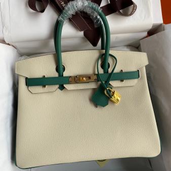 Hermes HSS Birkin 30 Bicolor Bag in Malachite and Craie Epsom Calfskin