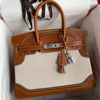 Hermes Ghillies Birkin 30cm Limited Edition Bag In Toile & Gold Swift Leather