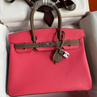 Hermes HSS Birkin 30 Bicolor Bag in Rose Lipstick and Taupe Epsom Calfskin