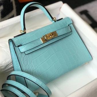 Hermes Kelly Mini II Handmade Bag in Blue Atoll Crocodile Embossed Leather