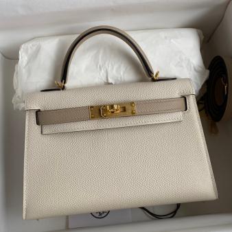 Hermes Kelly Mini II Sellier Bicolor Handmade Bag in Craie and Trench Epsom Calfskin