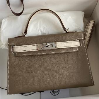 Hermes Kelly Mini II Sellier Bicolor Handmade Bag in Taupe and Craie Epsom Calfskin