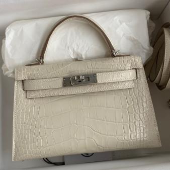 Hermes Kelly Mini II Sellier Handmade Bag in Beton Matte Alligator Leather