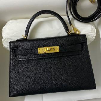 Hermes Kelly Mini II Sellier Handmade Bag in Black Chevre Mysore Leather