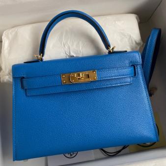 Hermes Kelly Mini II Sellier Handmade Bag in Blue Hydra Chevre Mysore Leather