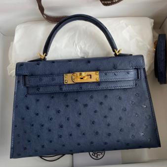 Hermes Kelly Mini II Sellier Handmade Bag in Blue Iris Ostrich Leather