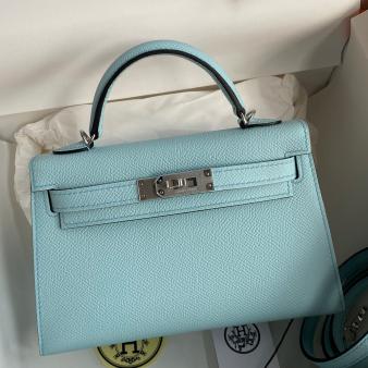 Hermes Kelly Mini II Sellier Handmade Bag in Blue Zephyr Epsom Calfskin