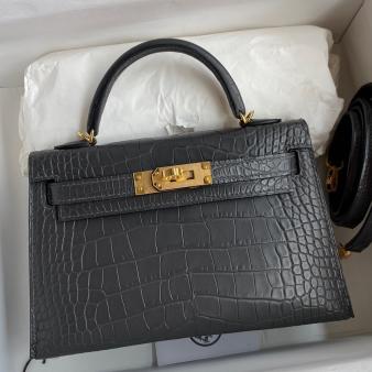 Hermes Kelly Mini II Sellier Handmade Bag in Graphite Matte Alligator Leather