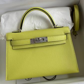 Hermes Kelly Mini II Sellier Handmade Bag in Jaune Bourgeon Chevre Mysore Leather