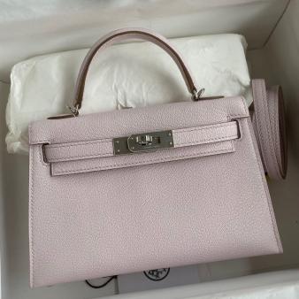 Hermes Kelly Mini II Sellier Handmade Bag in Mauve Pale Chevre Mysore Leather