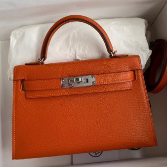 Hermes Kelly Mini II Sellier Handmade Bag in Orange Chevre Mysore Leather