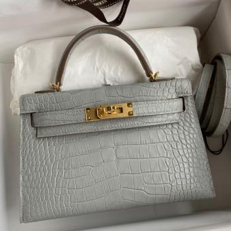 Hermes Kelly Mini II Sellier Handmade Bag in Pearl Grey Matte Alligator Leather