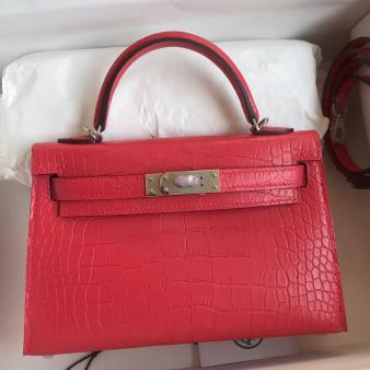 Hermes Kelly Mini II Sellier Handmade Bag in Rose Extreme Matte Alligator Leather