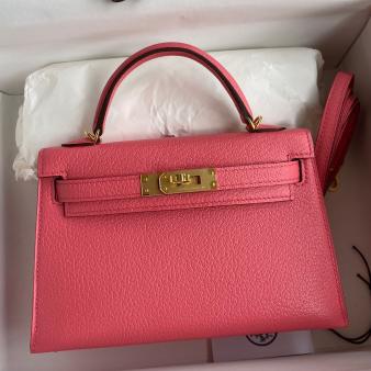 Hermes Kelly Mini II Sellier Handmade Bag in Rose Lipstick Chevre Mysore Leather