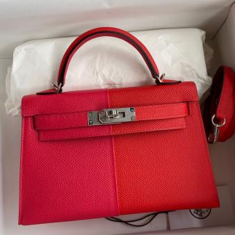 Hermes Kelly Mini II Sellier Tri-color Bag In Red/Rose Extreme/Blue Epsom Calfskin