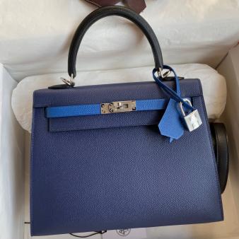 Hermes Kelly Sellier 25 Bicolor Epsom Calfskin Bag in Blue Saphir and Blue France