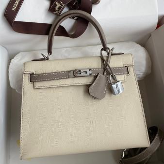 Hermes Kelly Sellier 25 Bicolor Epsom Calfskin Bag in Gris Asphalt and Craie