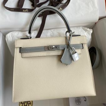 Hermes Kelly Sellier 25 Bicolor Epsom Calfskin Bag in Craie and Gris Mouette