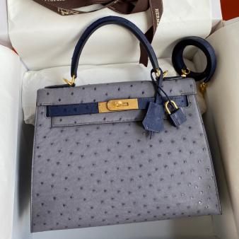 Hermes Kelly Sellier 25 Bicolor Ostrich Leather Bag in Blue Ostrich and Gris Agate