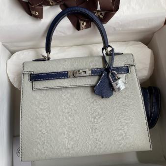 Hermes Kelly Sellier 25 Bicolor Goatskin Bag in Blue Mysore and Pearl Grey