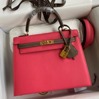 Hermes Kelly Sellier 25 Bicolor Epsom Calfskin Bag in Rose Extreme and Taupe