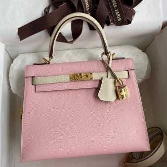 Hermes Kelly Sellier 25 Bicolor Epsom Calfskin Bag in Craie and Rose Sakura