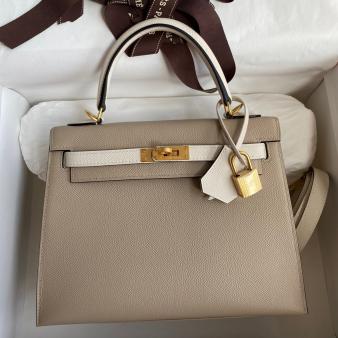 Fake Hermes Kelly Sellier 25 Bicolor Epsom Calfskin Bag in Craie and Trench