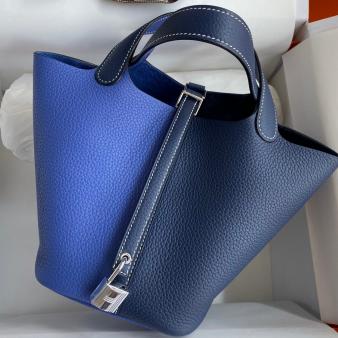 Blue and Blue Saphir Clemence Leather Hermes Picotin Lock 18 Bicolor Handmade Bag