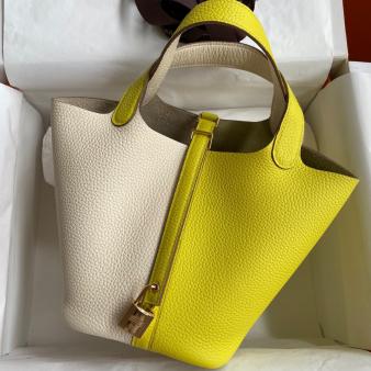 Craie and Lime Clemence Leather Hermes Picotin Lock 18 Bicolor Handmade Bag