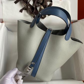 Gris Mouette and Blue Agate Swift Leather Hermes Picotin Lock 18 Bicolor Handmade Bag