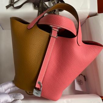 Sesame and Rose Azalee Clemence Leather Hermes Picotin Lock 18 Bicolor Handmade Bag