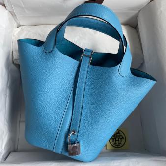 Blue du Nord Clemence Leather Hermes Picotin Lock 18 Handmade Bag