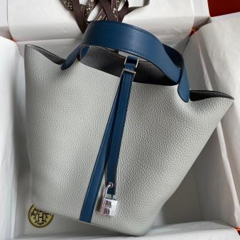 Gris Mouette and Blue Agate Swift Leather Hermes Picotin Lock 22 Bicolor Handmade Bag