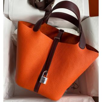 Orange and Burgundy Swift Leather Hermes Picotin Lock 22 Bicolor Handmade Bag