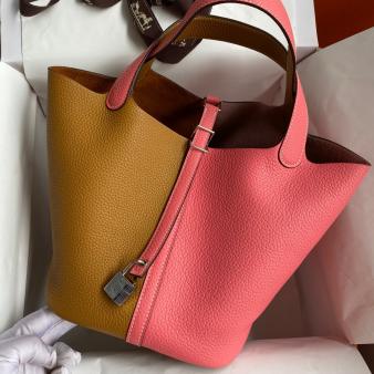 Sesame and Rose Azalee Clemence Leather Hermes Picotin Lock 22 Bicolor Handmade Bag