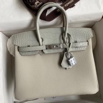 Hermes Birkin 25 Touch Bag in Pearl Grey Togo and Matte Alligator Leather