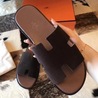 Hermes Izmir Sandals In Suede Chocolate Leather