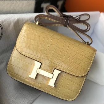 Hermes Jaune Poussin Embossed Crocodile Constance 18 Handmade Bag