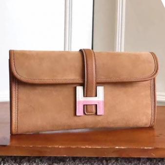 Hermes Jige Elan 29 Clutch in Calfskin Suede Ocre