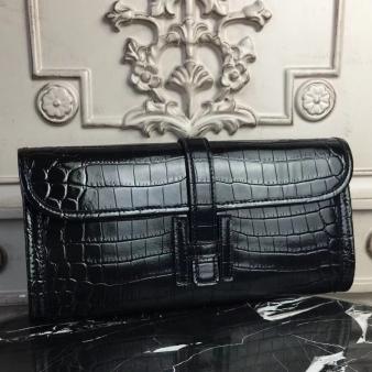 Hermes Jige Elan 29 Crocodile Clutch in Black Leather