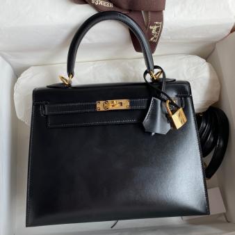 Hermes Kelly 25 Handmade Bag in Black Box Calfskin