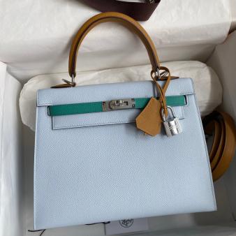 Hermes Kelly 25 Tricolor Bag in Blue/Green/Sesame Epsom Calfskin