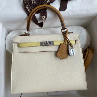 Hermes Kelly 25 Tricolor Bag in Craie/Sesame/Yellow Epsom Calfskin