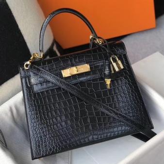 Hermes Kelly 25cm Handmade Bag in Black Crocodile Embossed Leather