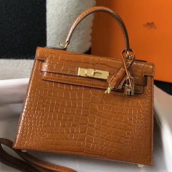 Hermes Kelly 25cm Handmade Bag in Brown Crocodile Embossed Leather