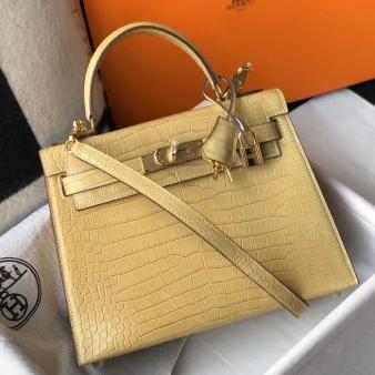 Hermes Kelly 25cm Handmade Bag in Jaune Poussin Crocodile Embossed Leather