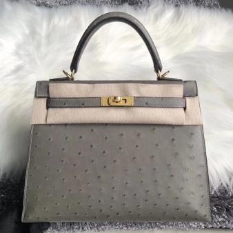 Hermes Kelly 25cm Handmade Bag In Ostrich Gris Asphalt Skin