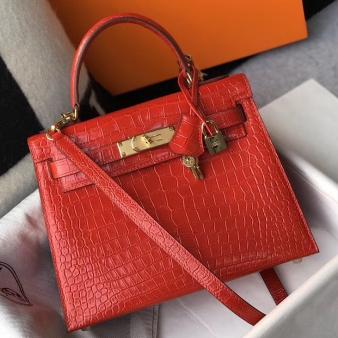 Hermes Kelly 25cm Handmade Bag in Red Crocodile Embossed Leather