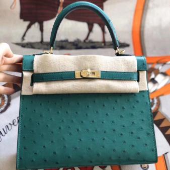 Hermes Kelly 25cm Handmade Bag in Vert Vertigo Ostrich Skin